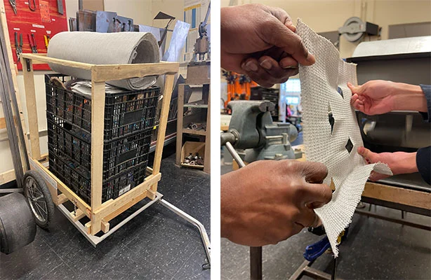 Left, the wooden canopy frame on the trailer. Right, two people holding the cut shade fabric