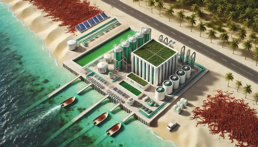 AI-generated concept render: an aerial view of a BioBoost plant on a Caribbean beach, with sargassum on the sand and boats bringing it in